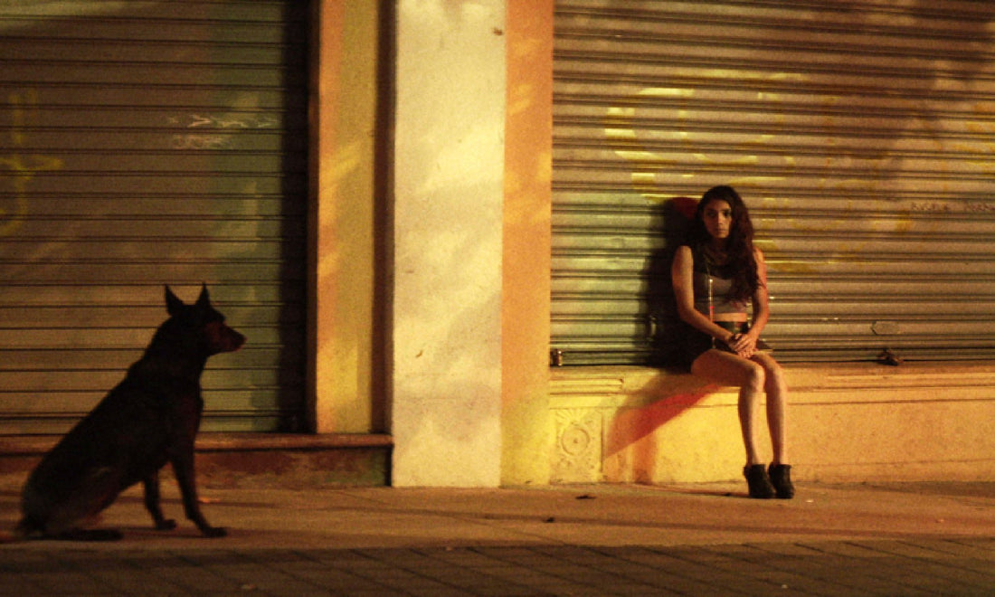 A woman sits in front of a shut shop and, from a couple of meters away, a black dog is watching her.