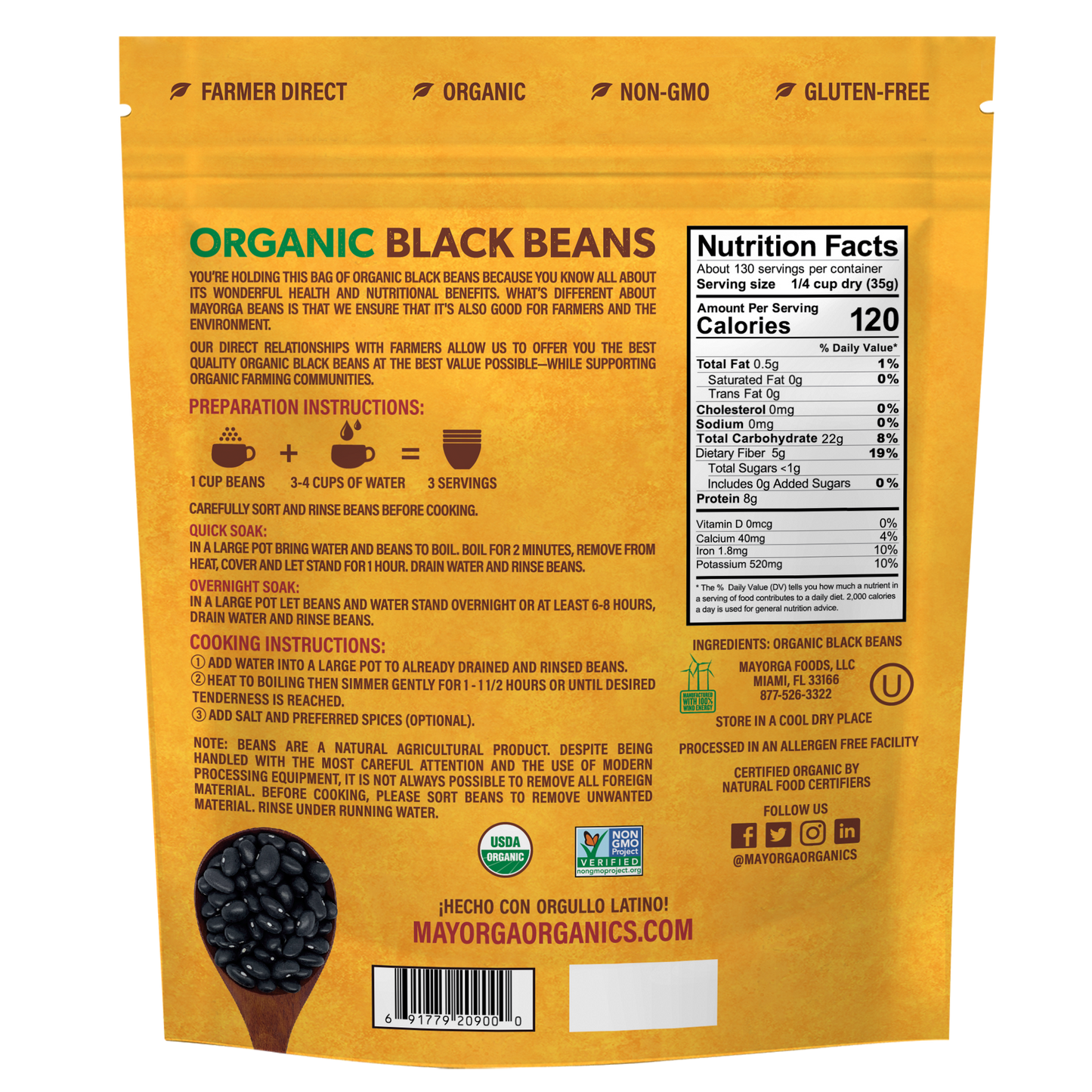 Mayorga Organics Organic Black Beans, back of bag