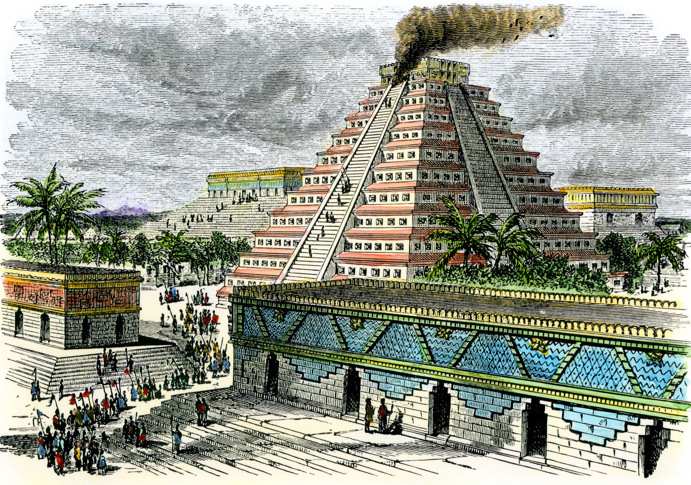Painting of a Mayan temple with smoke billowing from the top