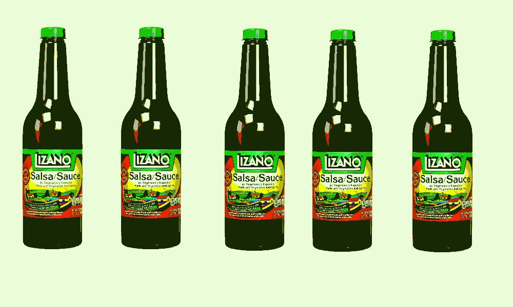 five bottles of Lizano Salsa also known as Lizano sauce. The labels are bright green, yellow and red, with Lizano emblazoned across them.