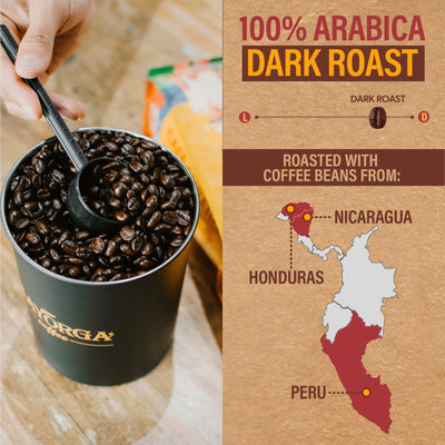 Dark roast coffee beans and map