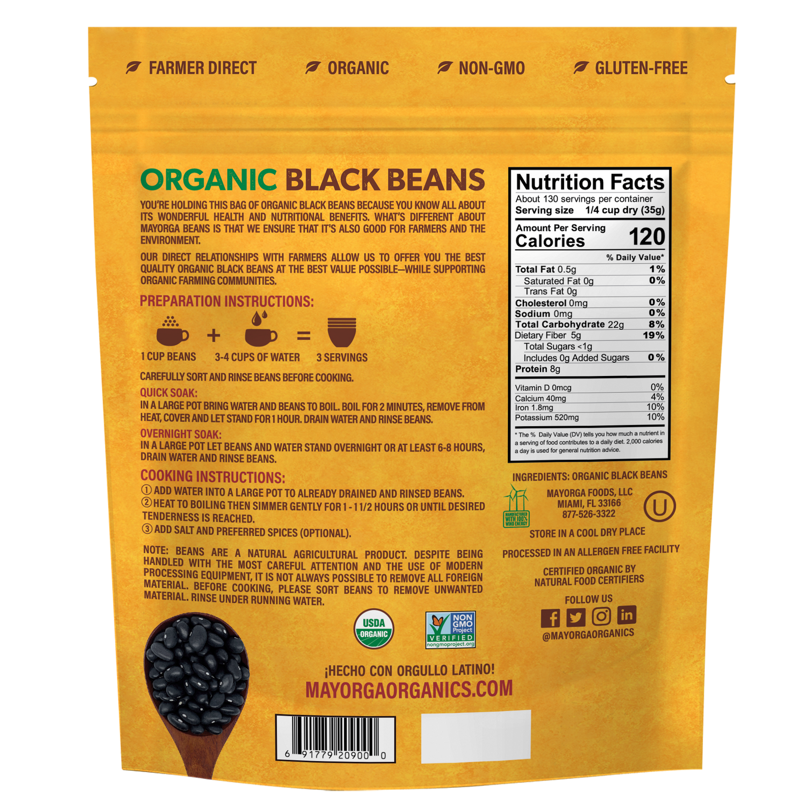 Mayorga Organics Organic Black Beans, back of bag 