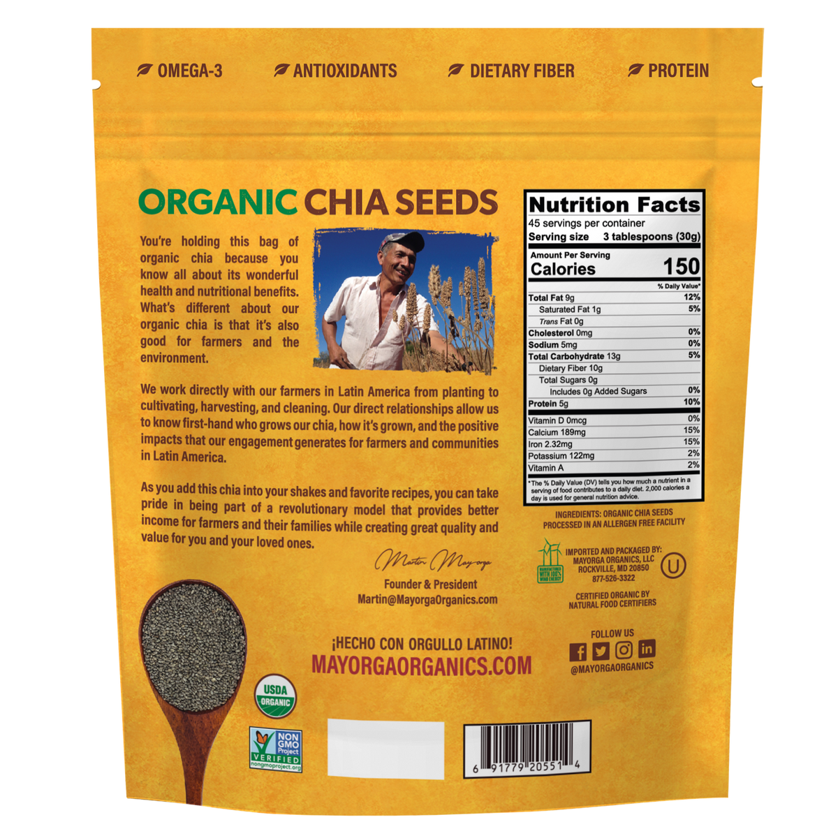 Mayorga Organics Organic Chia Seeds, back of bag 
