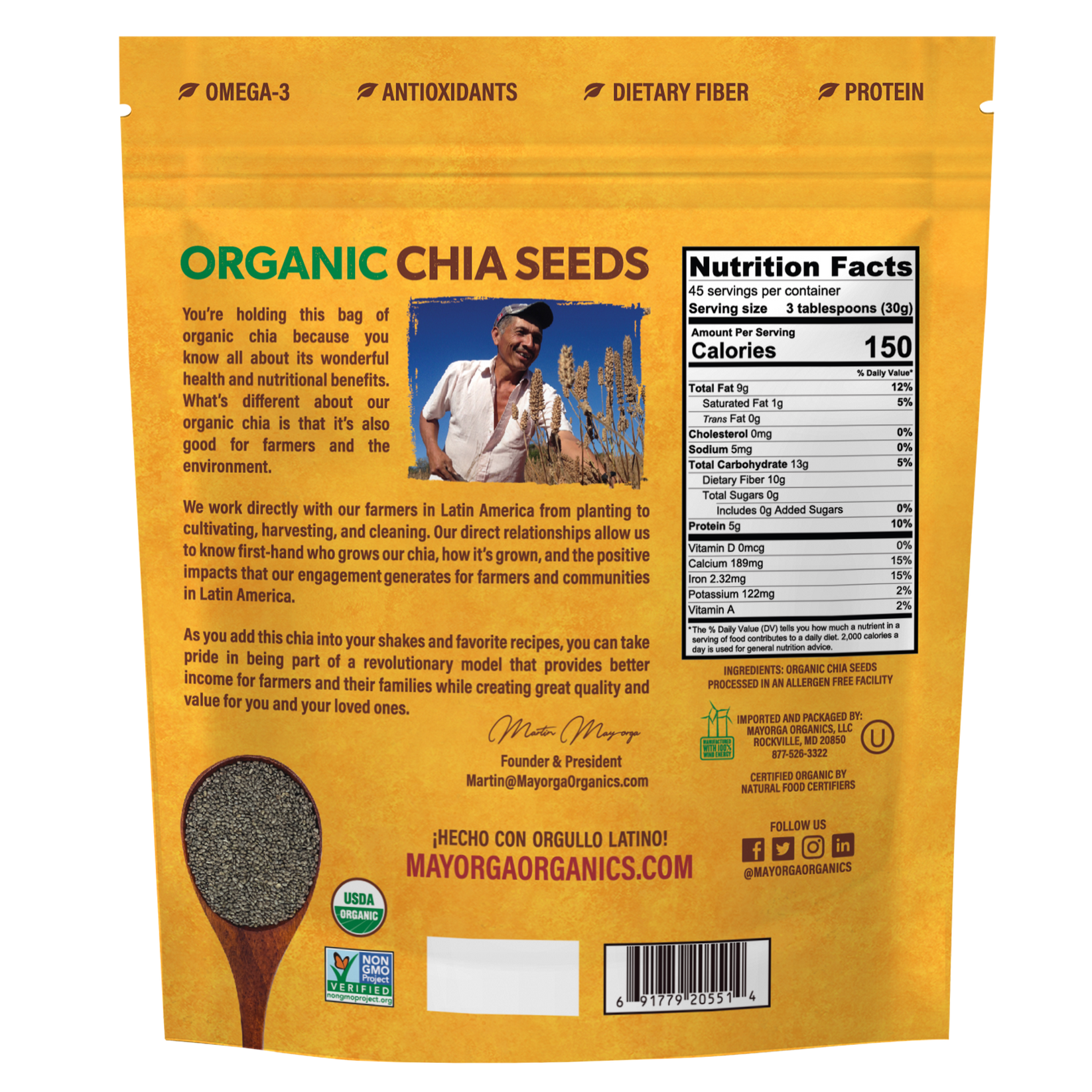 Mayorga Organics Organic Chia Seeds, back of bag 